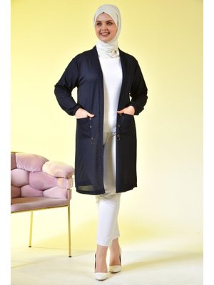 Lacivert Kadin Buyuk Beden Metal Tokalı Petek Hırka