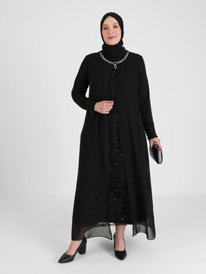 Siyah Yakası Taş Detaylı Pul Payetli Abiye Elbise