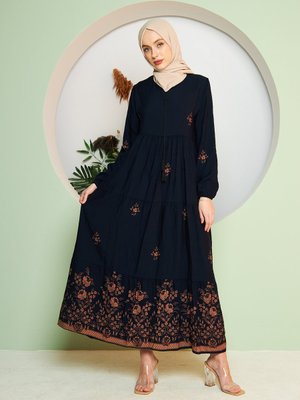 Desenli Tesettür Elbise - Lacivert -