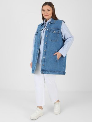 Mavi Büyük Beden Kolsuz Kot Yelek