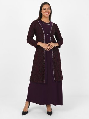 Mürdüm Simli Taş Baskılı Büyük Beden Abiye Elbise