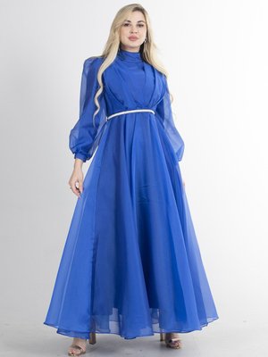 Saks Uzun Balon Kol Dik Yaka Abiye Elbise