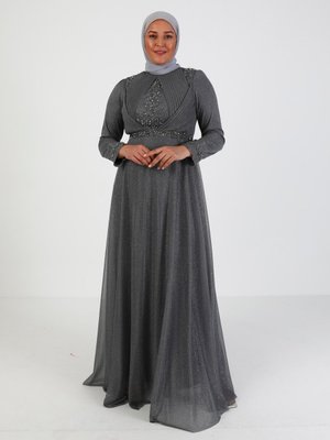 Gri Prenses Büyük Beden Abiye Elbise