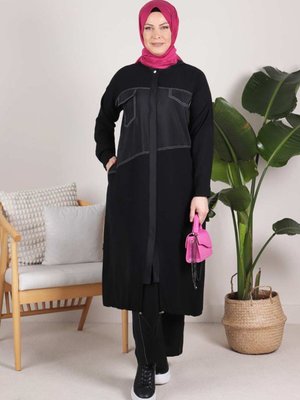 Siyah Büyük Beden Düğmeli Kaplı Pantolonlu Takım Siyah Büyük Beden Düğmeli Kaplı Pantolonlu Takım