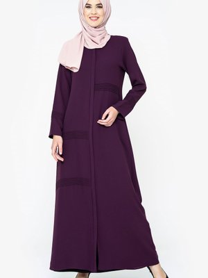 Mürdüm Fermuarlı Nervür Detaylı Ferace