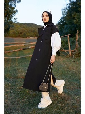 Siyah Kolsuz Oversize Kuşaklı Trençkot