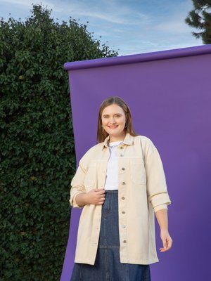 Ekru Büyük Beden Düğme Detaylı Kot Ceket