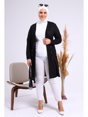 Siyah Kadin Buyuk Beden Metal Tokalı Petek Hırka