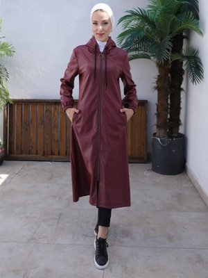 Deri Detaylı Bordo Kap