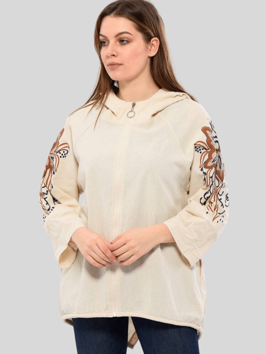 Butik Buruç Ham Ekru Baskılı Kapüşonlu Bomber Mont