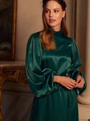 Balon Kol Saten Elbise Zümrüt Balon Kol Saten Elbise Zümrüt