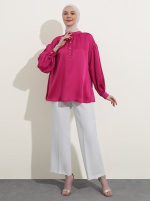 Fuşya Taşlı Düğmeli Saten Tunik