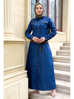 Mavi Deri Kemerli Kot Elbise Koyu