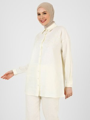Ekru Nakış Detaylı Boncuklu Keten Tunik