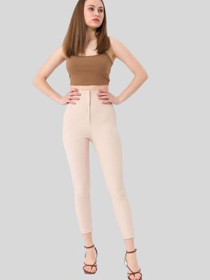 Bej Yüksel Bel Dar Paça Kumaş Pantolon