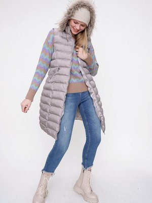 Antrasit Kapüşonlu Uzun Şişme Yelek