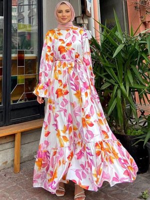 Pembe Bahar Saten Elbise