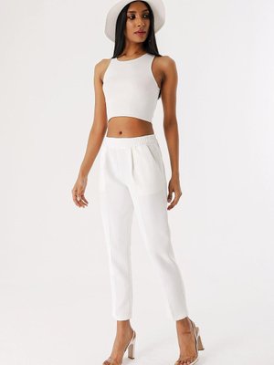 Ekru Beli Lastikli Düz Pantolon