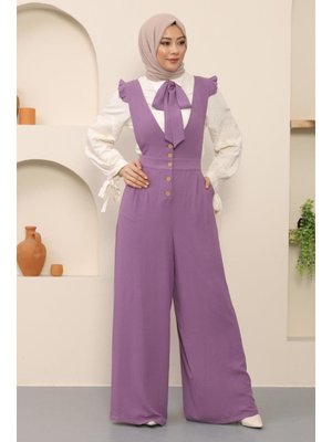 Lila Papyonlu Düğmeli Tulum