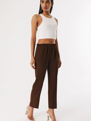 Kahve Çimalı Beli Lastikli Kumaş Pantolon Kahve Çimalı Beli Lastikli Kumaş Pantolon