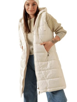 Beyaz Kapüşonlu Uzun Şişme Yelek