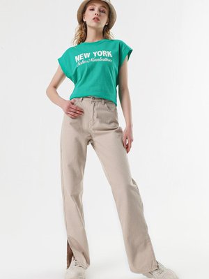 Bej Paçası Yırtmaçlı Jean Kot Pantolon