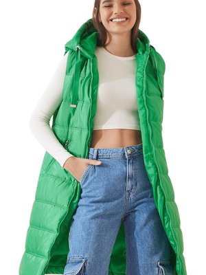 Yeşil Kapüşonlu Uzun Şişme Yelek