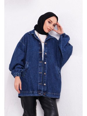 Kot Mavi Kolları Lastikli Oversize Ceket