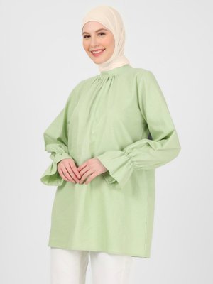 Su Yeşili Keten Kolucu Volanlı Tunik