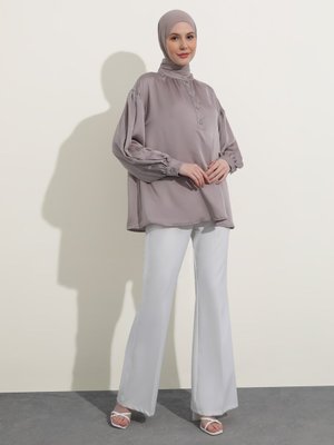 Derin Pembe Taşlı Düğmeli Saten Tunik