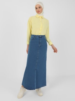 Mavi Doğal Kumaşlı Kontrast Dikişli Kot Etek