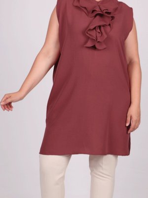 Gül Kurusu Büyük Beden Önü Volanlı Mucize Tunik