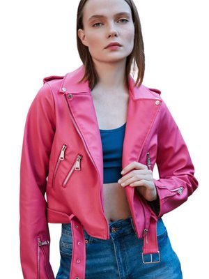 Fuşya Beli Kemerli Biker Deri Mont Fuşya Beli Kemerli Biker Deri Mont