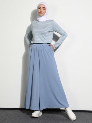 İndigo Yumuşak Tuşeli Geniş Paça Örme Pantolon Etek İndigo Yumuşak Tuşeli Geniş Paça Örme Pantolon Etek