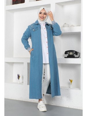 Mavi İnci Detaylı Uzun Kot Kap