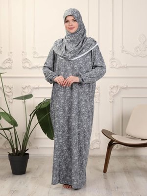 Gri Tek Parça Koton Çiçek Desen Namaz Elbisesi Gri Tek Parça Koton Çiçek Desen Namaz Elbisesi