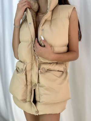 Bej Rengi Dik Yaka Paket Cepli Şişme Yelek