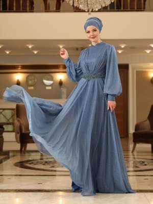 İndigo Safran Abiye Elbise