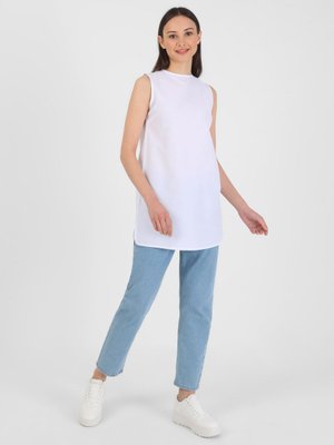 Beyaz Poplin Kolsuz Tunik