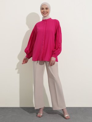 Fuşya Balon Kollu Saten Gömlek