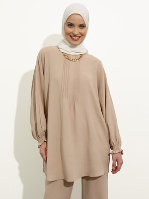 Bej Nervür Detaylı Aerobin Tunik & Pantolon İkili Takım