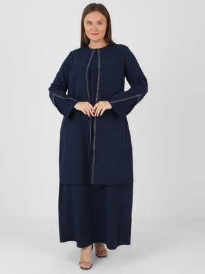 Lacivert Büyük Beden Taş Detaylı Abiye Elbise