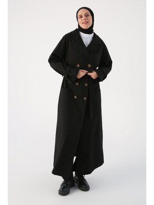 Siyah Pamuklu Kuşaklı Çift Kullanımlı Trençkot