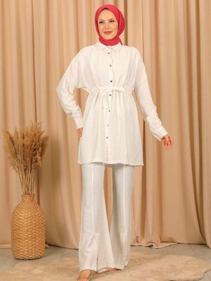 Ekru Keten Bel Bağcıklı Takım