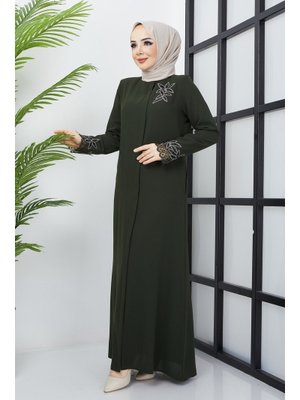 Büyük Beden Dantel Taş İşleme Detaylı Haki Ferace