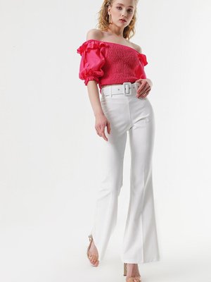 Ekru Kemerli Yüksek Bel İspanyol Paça Pantolon