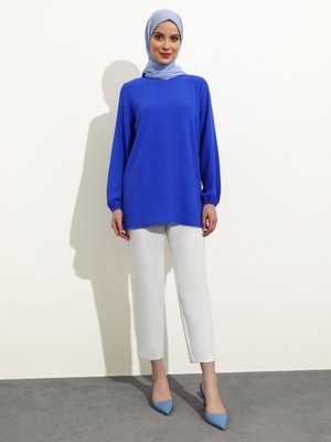 Parlak Saks Aerobin Ucu Lastikli Balon Kol Bluz