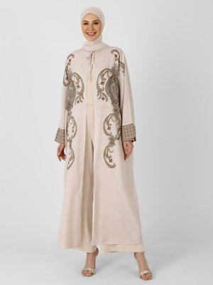 Kahverengi Yakası Bağcıklı Şal Desenli Abaya Ferace