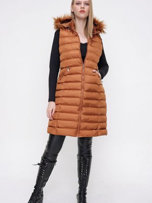 Camel Kapüşonlu Uzun Şişme Yelek