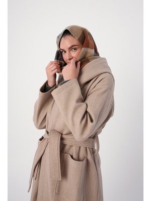 Koyu Bej Kapüşonlu Kemerli Kaşe Kaban